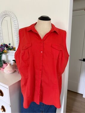 Plus Size Worthington Sleeveless Button-Down Shirt in Orange/Red